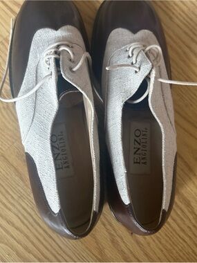 Enzo Angiolini Brown and Cream Two-Tone Lace-Up Flats